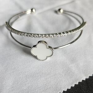 14k Silver Plated Double Bangle Bracelet with White Clover Accent